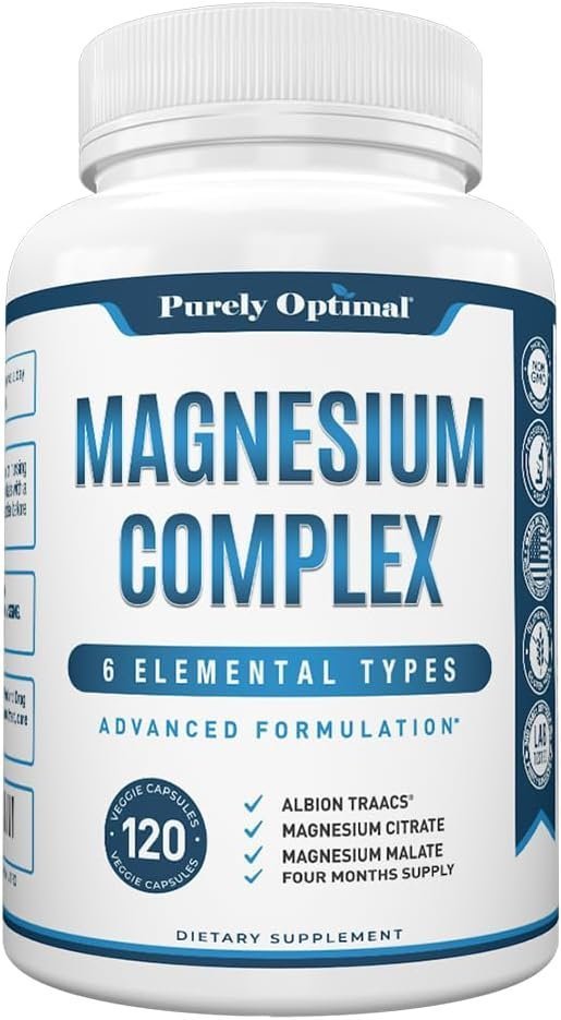 Purely Optimal Magnesium Complex – 6 Forms Magnesium Glycinate, Citrate & Malate – Sleep Support, Stress Relief, Muscles, Heart Health & Relaxation – Magnesium Supplement for Women & Men, 120 Caps