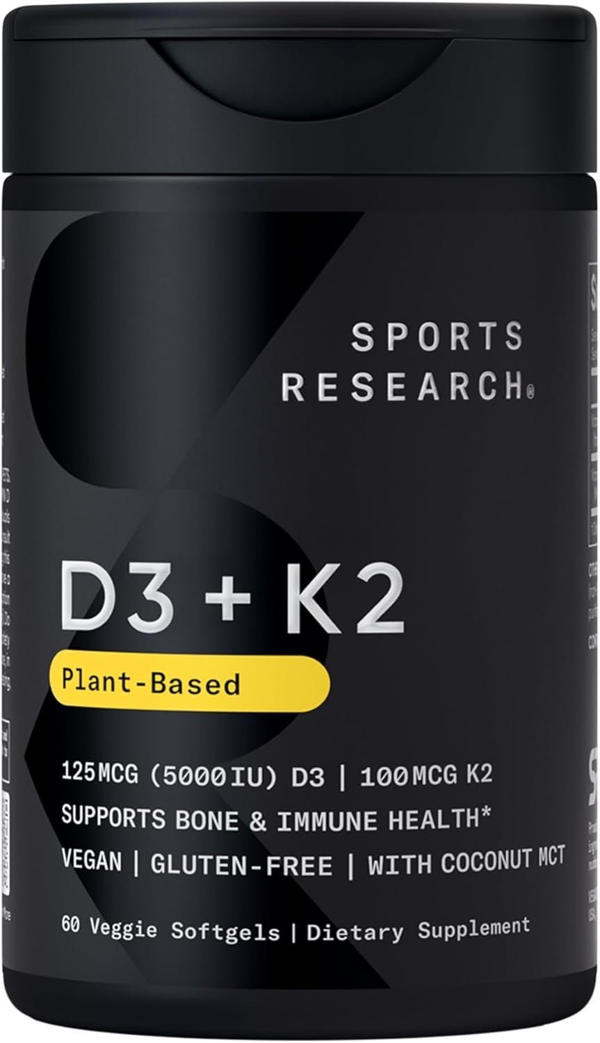 Sports Research® Vitamin D3 + K2 w/ Coconut Oil – Vegan Vitamin D 5000iu & Mk7 Vitamin K 100mcg for Bone & Immune Support – Vegan Certified · Non-GMO · Soy Free – 60 Softgels