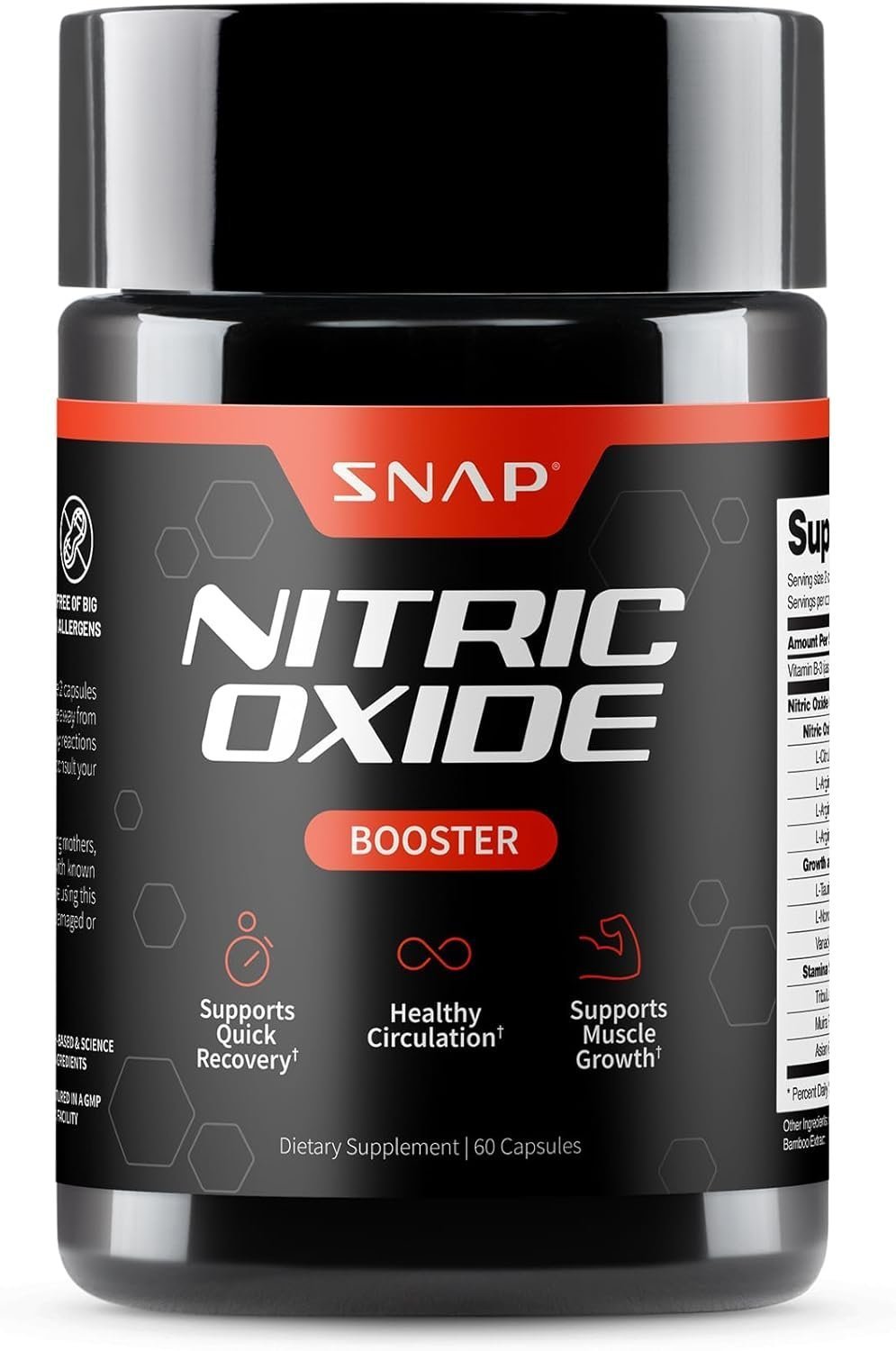 Snap Supplements Nitric Oxide Supplement with L-Arginine to Support Energy, Quick Recovery, Heart Health, Muscle Growth & Circulation, 60 Vegetarian Capsules (1 Month Supply)
