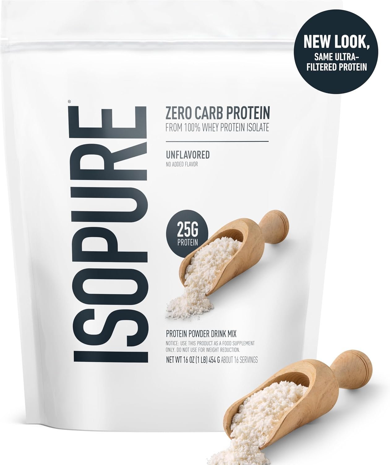 Isopure Zero Carb 100% Pure Whey Isolate Protein Powder, Lactose Free, Gluten Free, with Vitamins, Unflavored, 25g Protein Per Serving, 1 Lb, 16 Servings