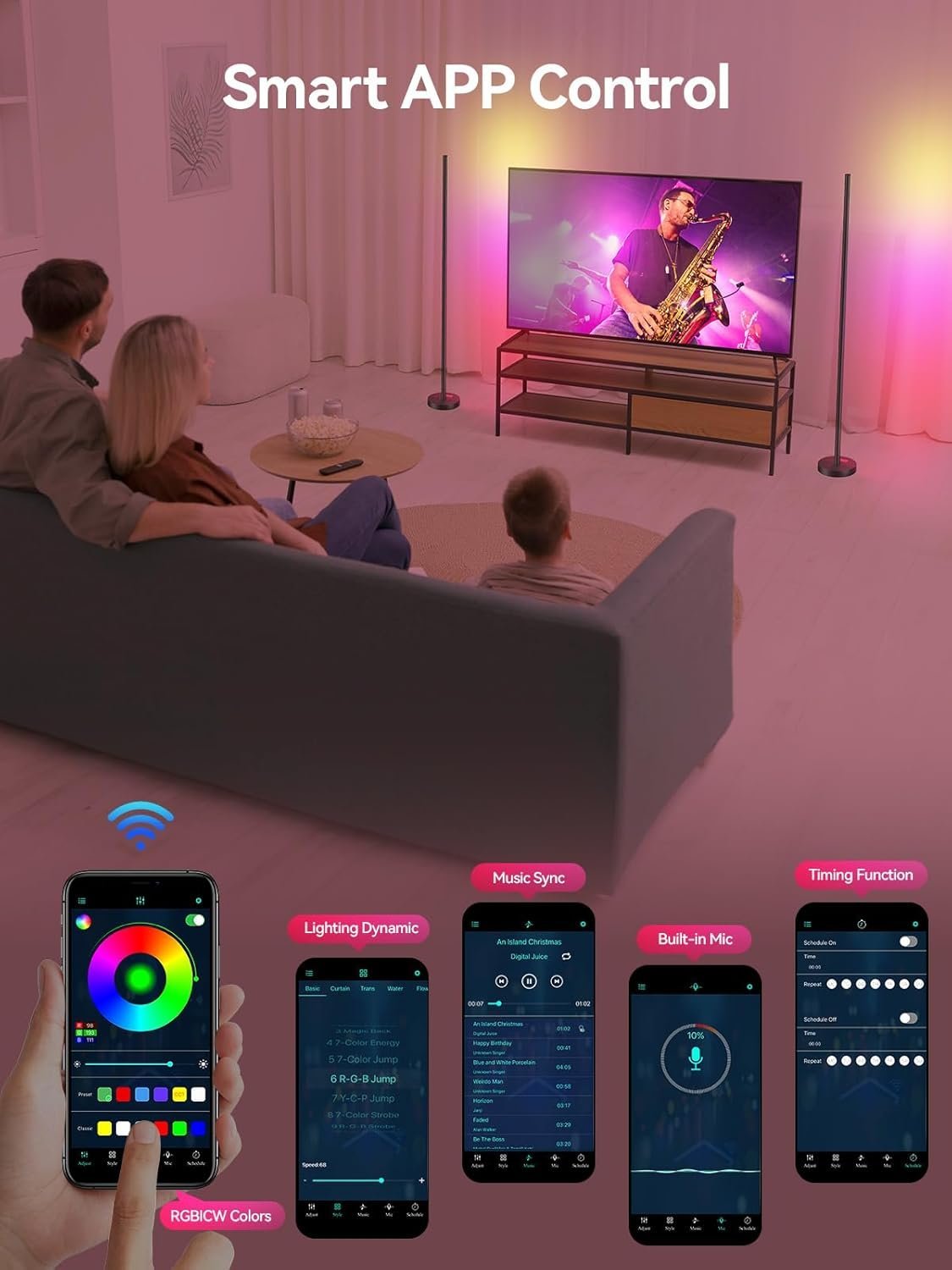 Smart RGBICW LED Corner Floor Lamp, App & Music Sync, 16M Colors - Image 3