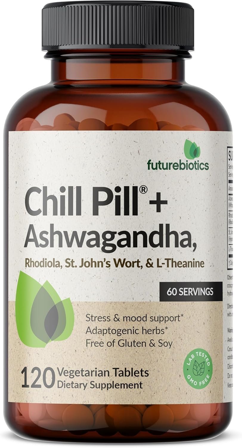 Futurebiotics Chill Pill + Ashwagandha, Rhodiola, St. John’s Wort, & L-Theanine – Non-GMO, 120 Vegetarian Tablets